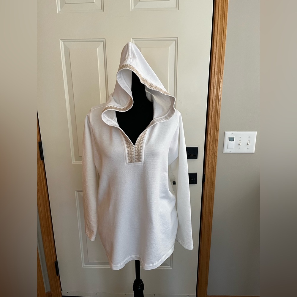 Women’s Pure Jill cream cotton boho resortwear pull over hood tunic. Medium - Picture 2 of 16